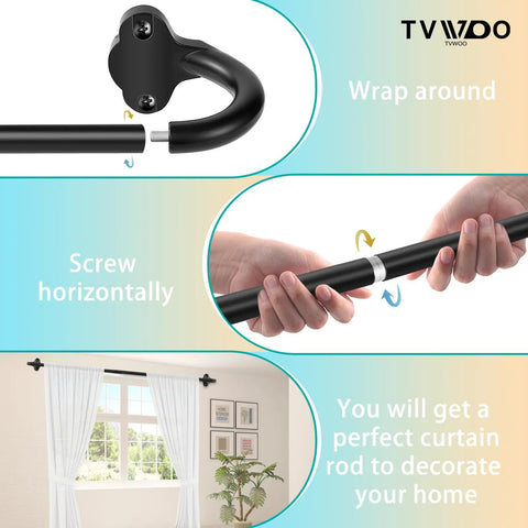 Wrap Around Black Curtain Rod Set Adjustable 48 To 84 Inch 5/8 Inch Diameter Matte Black Hidden Curved Design For Room Darkening And Total Blackout No Fuss Easy Install For Living Room Or Bedroom Windows shown in use and detail.