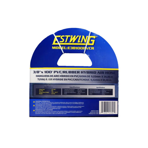 Packaging of Three Eighths Inch By One Hundred Feet PVC Rubber Hybrid Air Hose With One Quarter Inch Brass Fittings