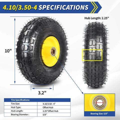 Heavy-Duty 4.10/3.50-4 Rubber Tire and Wheel Set with 2.25-Inch Offset Hub and 5/8-Inch Sealed Bearings specifications