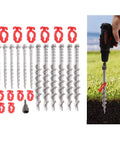 Beefy Aluminum Ground Anchors Set with Spiral Blade Grip for Tents, shown with handles and a drill demonstration on grass.