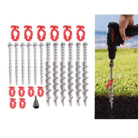 Beefy Aluminum Ground Anchors Set with Spiral Blade Grip for Tents, shown with handles and a drill demonstration on grass.