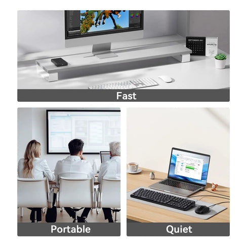 Blazing Fast 40Gbps NVMe M2 SSD Enclosure Handles Up To 8TB shown on a desk with a monitor, showcasing its fast performance and compact design.