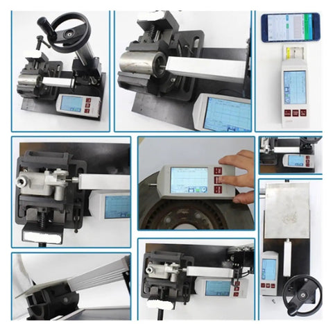 Top Shelf Portable Surface Roughness Tester With Sleek Detachable Color Display; various angles showing measurements on metal.