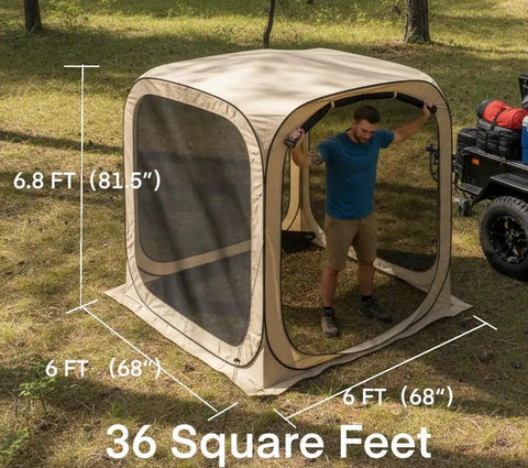 Pop Up Screen House Tent With Mosquito Net No Fuss Setup Portable Screen Room Gazebo For Patio Backyard Garden And Outdoor Events Foldable 6x6 Feet Canopy Shelter For Camping Picnics And Fun shown with a person setting it up in a grassy area.