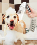 Dog being rinsed with Pet Bath Sprayer Attachment for Sink Faucet, Hair Rinser Showerhead with Stop Water Saving Function.