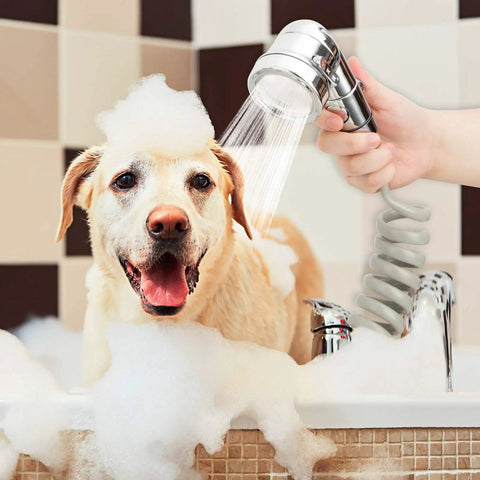 Dog being rinsed with Pet Bath Sprayer Attachment for Sink Faucet, Hair Rinser Showerhead with Stop Water Saving Function.