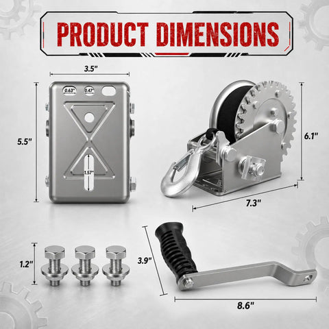 1600lbs Heavy Duty Boat Trailer Winch With 26ft Strap, Dual Direction Ratchet, 4 to 1 Gear Ratio, Portable Hand Crank Design, Perfect For Easy Towing, Loading And Recovery Of Boats, Jet Skis, And More. silver boat trailer winch with dimensions