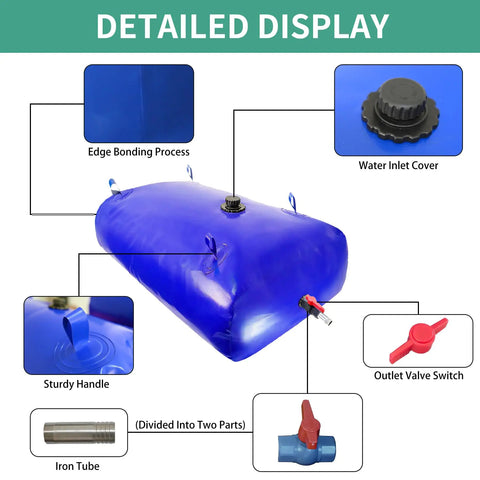 Heavy Duty 1000 Liter Foldable Water Storage Bladder Portable Tank with water inlet, handles, and outlet valve
