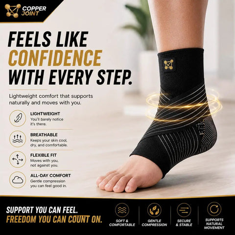 Copper Infused Ankle Compression Sleeve For Women And Men Breathable All Day Comfort Size X Large on foot, black with logo.