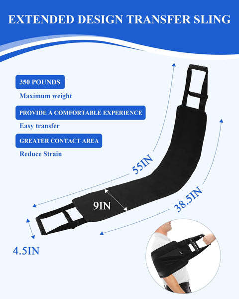 Extended design of transfer sling and gait belt for elderly and disabled with dual handles, dimensions labeled in black.