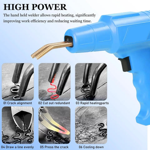 100W Portable Plastic Welding Tool for Car Bumpers with sequences of repair steps visible