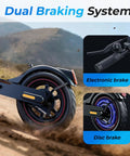 Powerful Electric Scooter For Adults With 500W Peak Motor, showing dual braking system, electronic and disc brakes detail