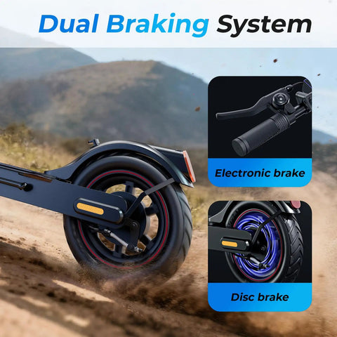 Powerful Electric Scooter For Adults With 500W Peak Motor, showing dual braking system, electronic and disc brakes detail