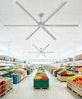 No Sweat 120 Inch HVLS Ceiling Fan For Shops And Gyms, aluminum blades cooling a grocery store aisle with produce.