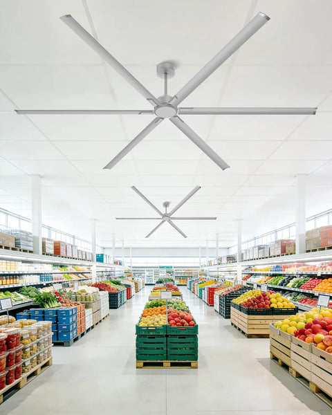 No Sweat 120 Inch HVLS Ceiling Fan For Shops And Gyms, aluminum blades cooling a grocery store aisle with produce.