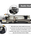 Front view of INTSUPERMAI metal lathe 8x32 with double chuck for precision turning.