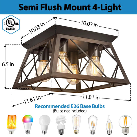 4 Light Industrial Farmhouse Flush Mount Ceiling Light Fixture With Wood Frame And Square Cage Close To Ceiling For Kitchen Hallway Dining Living Room Lamp Bulbs Not Included