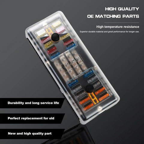 20 Way Blade Fuse Block 16 Circuit Fuse Holder DC Sub Panel With Ground And Cover for SUV, Marine, Truck, shown with clear cover.