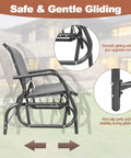 Features of Built For Two Patio Glider With Rocking Swing Bench, highlighting steel frame and non-slip pads for stability and comfort.
