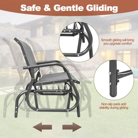Features of Built For Two Patio Glider With Rocking Swing Bench, highlighting steel frame and non-slip pads for stability and comfort.