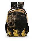 Black Longhorn Bull Printed Unisex Backpack with large capacity, durable polyester daypack design, breathable fabric, smooth zipper.