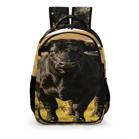 Black Longhorn Bull Printed Unisex Backpack with large capacity, durable polyester daypack design, breathable fabric, smooth zipper.