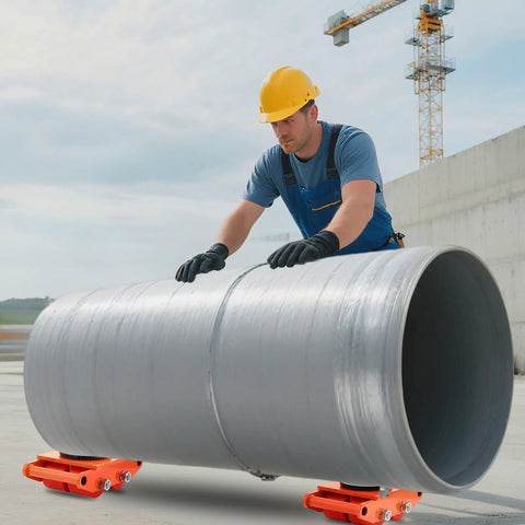 Worker using Heavy Duty Machinery Mover Dolly With Four Spinning Wheels and Non Slip Tray to roll heavy pipe smoothly.