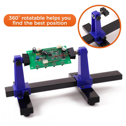 Adjustable PCB Holder Clamp With 360 Degree Rotation For Soldering And Desoldering, Durable Metal Base, Anti Slip Feet holding a circuit board