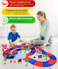 Child and parent assembling red and blue Spider Themed Race Track Set for Kids Ages 3 to 8 with flexible track pieces and cars