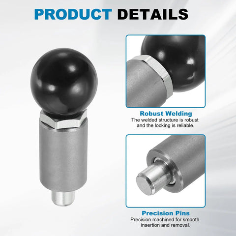 2 Pack Spring Loaded Pull Pins With Ball Knobs Rock Solid Alloy Steel Plungers For Weight Racks And Shelving Fixtures showing robust design and precision pins.