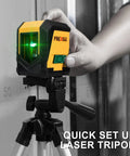 Green Beam Self Leveling Laser Level With 65 Ft Range Tripod Included Cross Line Projection For Precise Picture Hanging And Home Renovation LED Indicator 31.5 Inch Tripod Uses 2 AA Batteries on tripod setup
