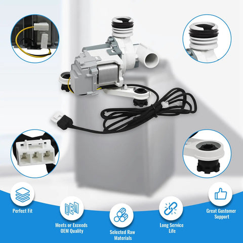Premium Washer Drain Pump Assembly Replaces DC97 19289F PX3516 01 showcasing motor, drain connectors and wiring for easy installation.