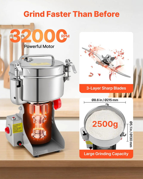 VEVOR 3400W Electric Grain Mill Grinder For Coffee Beans Spice Corn High Speed 32000RPM Stainless Steel Pulverizer Machine with 2500g capacity.
