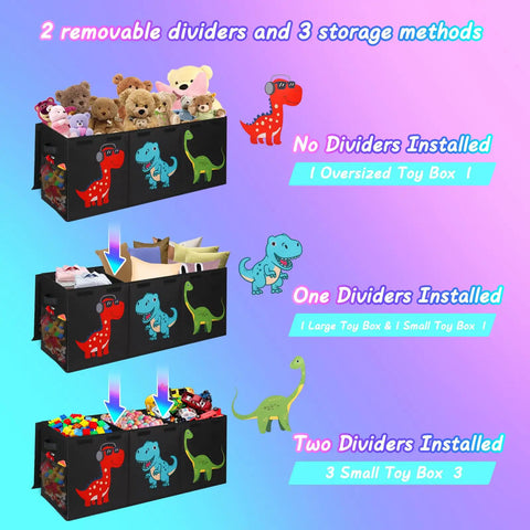 Giant Collapsible Toy Box With Lids Extra Large 40x16x16 Inches Storage Chest showing 3 divider options, dinosaurs decoration.