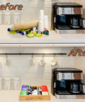Before and after with Two Pack K Cup Drawer Organizer Tray Made From Natural Bamboo With Adjustable Dividers in kitchen.