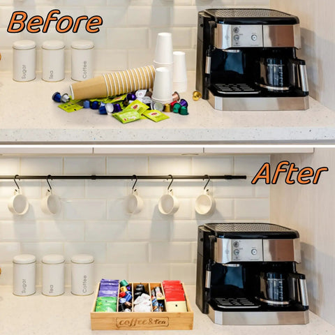Before and after with Two Pack K Cup Drawer Organizer Tray Made From Natural Bamboo With Adjustable Dividers in kitchen.