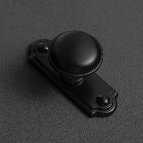 Killer 6-Pack Matte Black Cabinet Knobs With Backplates Solid Zinc Alloy Single Hole Drawer Pulls For Kitchen Cabinets And Dressers Hella Sweet Modern Hardware With Spacers Included, close-up view of knob and mounting plate.