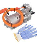 Direct Swap Electric Ev Ac Compressor Fits 2017 To 2020 Tesla Model 3 with orange connection cable and safety gloves.