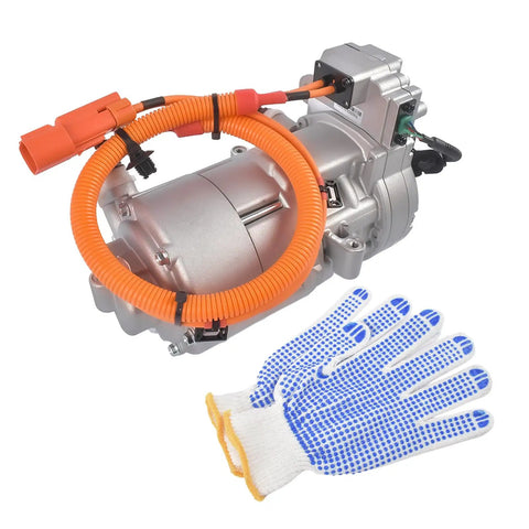 Direct Swap Electric Ev Ac Compressor Fits 2017 To 2020 Tesla Model 3 with orange connection cable and safety gloves.