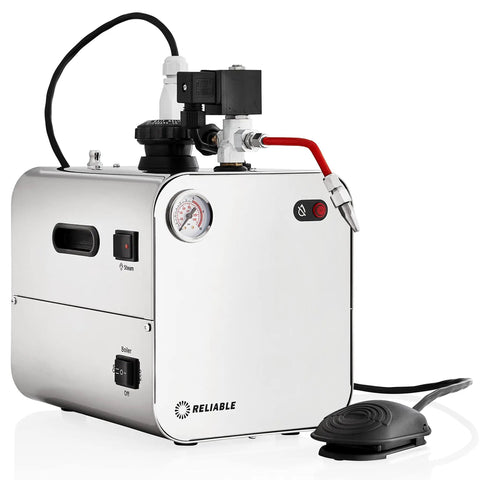 Top Shelf Stainless Steel Jewelry Steam Cleaner 2.2 Liter Tank 50 Psi Pressure Eco Mode with pressure gauge for easy operation.