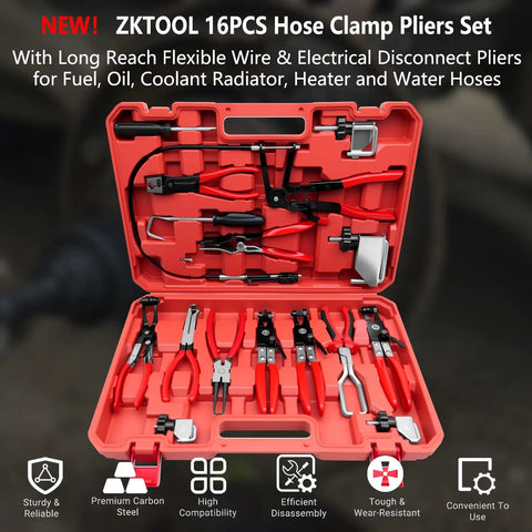 Pro Grade 16 Piece Hose Clamp Pliers Set with long reach flexible wire in red case, tools for vehicle hose maintenance.