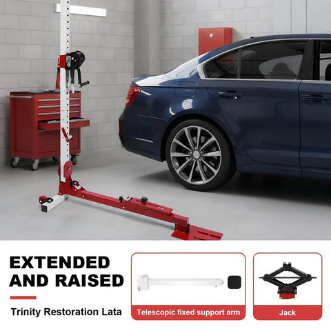3 In 1 Car Body Dent Repair Kit with Adjustable Pulling Lever and Nylon Casters in garage setup
