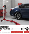 3 In 1 Automotive Sheet Metal Repair Tool With Adjustable Dent Pull Lever and nylon casters in a garage next to a blue car
