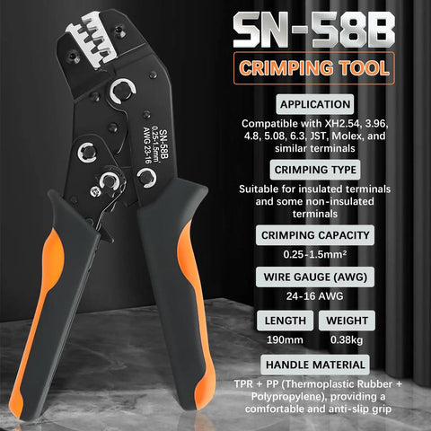 All In One Ratcheting 2.54mm Dupont Crimping Kit With 1600 Piece Connector Set SN-58B tool close-up on application info