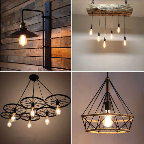 Various lighting fixtures featuring dimmable vintage LED Edison bulbs 6W equal 60W warm white 2700K for home decor.