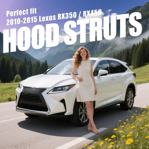 Product image featuring a Lexus RX with text 'Perfect fit 2010-2015 Lexus RX350/RX450, HOOD STRUTS' showcasing beefed up front hood struts.