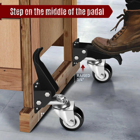 Step-on mechanism of Built Tough Retractable Workbench Caster Kit shows smooth movement for heavy loads with strong brakes.