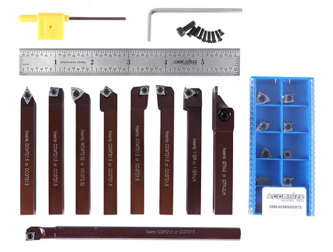 Accusize 3/8 in shank 9-piece indexable carbide turning tool set with 10 extra inserts for aluminum