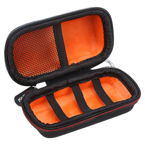 Hard Portable Travel Case For Bosch GLM 20 And GLM 100 23 Blaze Laser Distance Measure 100 Ft Premium EVA Shell With Custom Form Fit Orange Interior And Bold Red Blue Zipper Accents For Easy Gear Transport, open