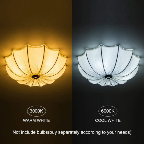White Fabric Drum Shade Flush Mount Ceiling Light Fixture Three Light Modern Chandelier warm and cool glow options